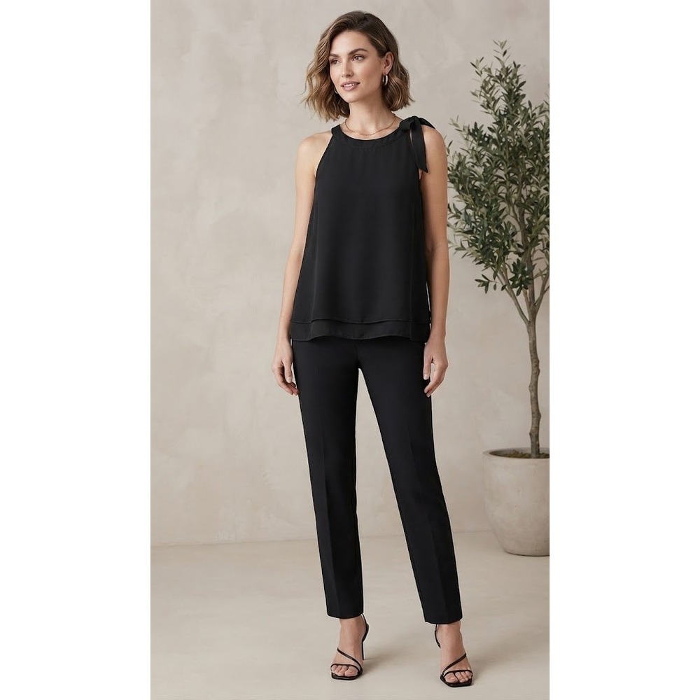 Adrianna Papell Blouse XL Black Tie NWT Neck Halter Layered Chiffon Minimalist
